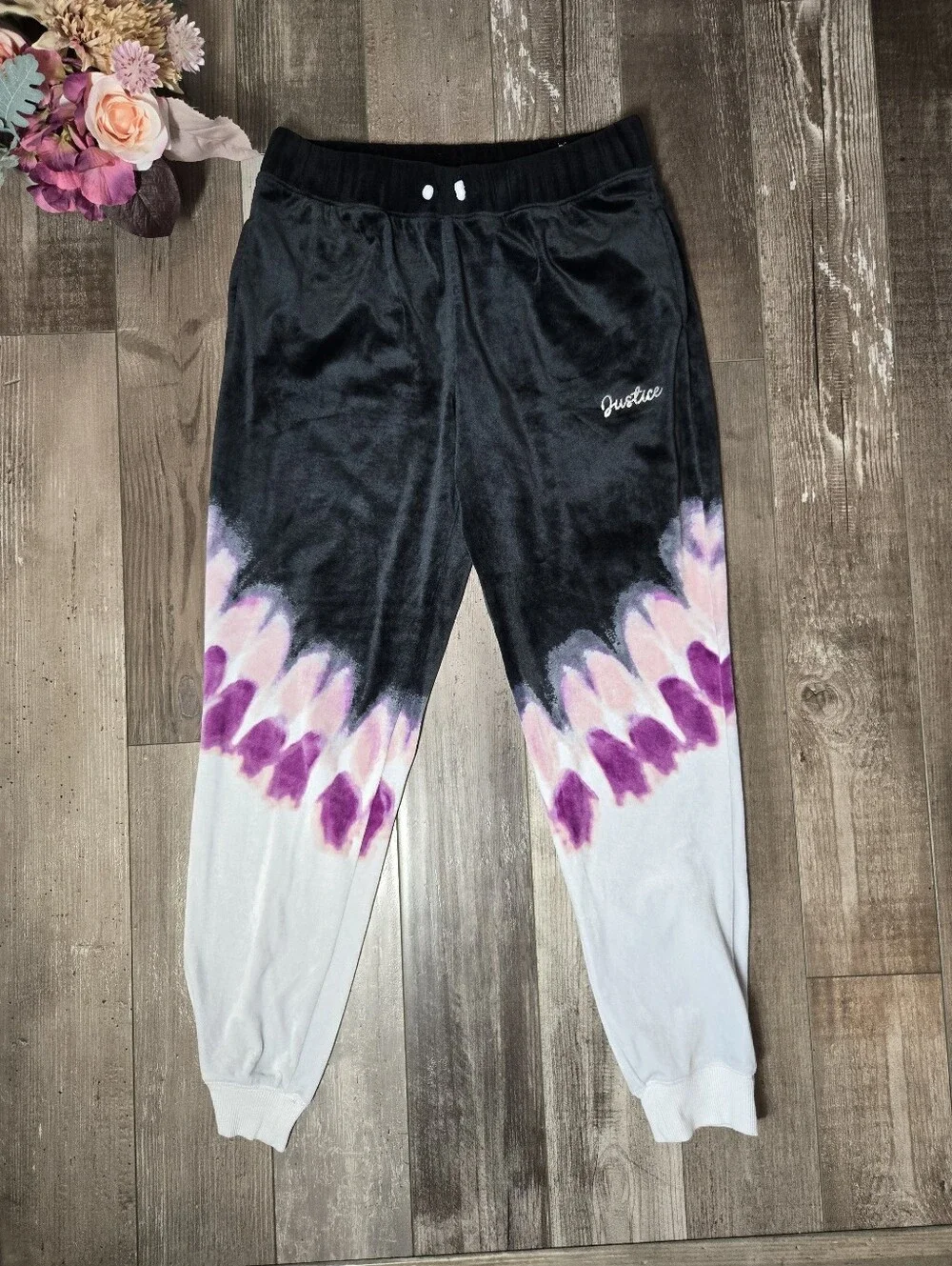 Justice Girls' Black & Purple Tie-Dye Velour Joggers Size Large 12/14 EUC